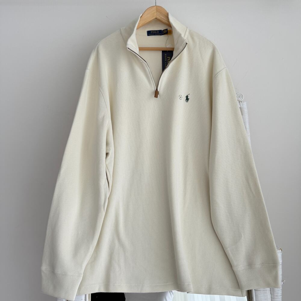 Polo Ralph Lauren Pullover Men XXL Cream 1/4 Zip Sweatshirt Preppy Luxury Cotton